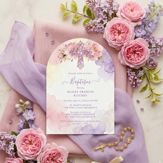 Charming Lavender Glitter Floral Cross Baptism Invitation (Charming Lavender Glitter Floral Cross Christian Baptism Invitation Card Design.)