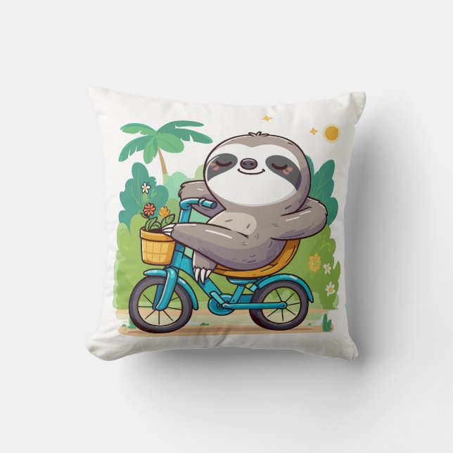 Charming Lazy Sloth's Relaxing Bike Adventure Cushion (Front)