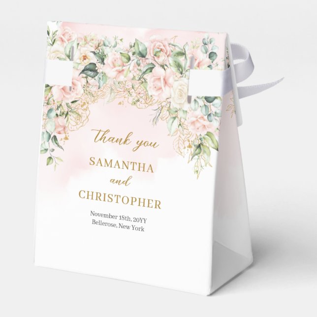 Charming light pink roses greenery & gold wedding favour box (Back Side)