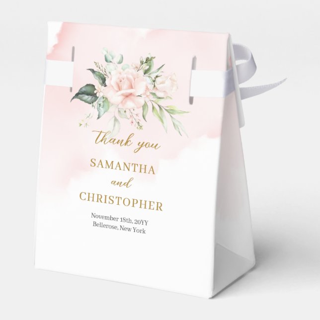 Charming light pink roses greenery & gold wedding favour box (Back Side)