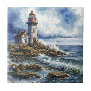 Charming Lighthouse with Waves Ceramic Tile