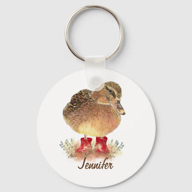Charming little Duck in Red Rubber Boots Key Ring (Front)