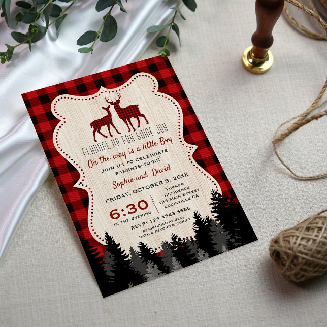 Charming Little Hunter Lumberjack Baby Shower Invitation (lumberjack baby shower invite, little hunter baby shower invitation, red buffalo forest baby shower)