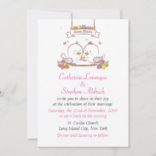 Charming Lovebirds Pink Fuchsia Floral Wedding Invitation