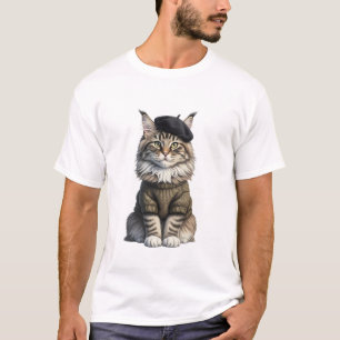 Charming Maine Coon Cat Wearing a Black Beret T-Shirt