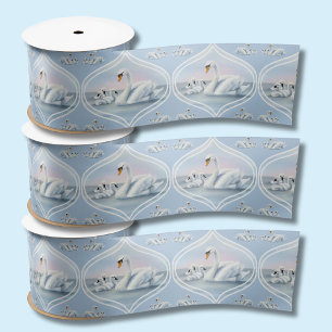 Charming Mama Swan With Babies in Peach Sunset Satin Ribbon