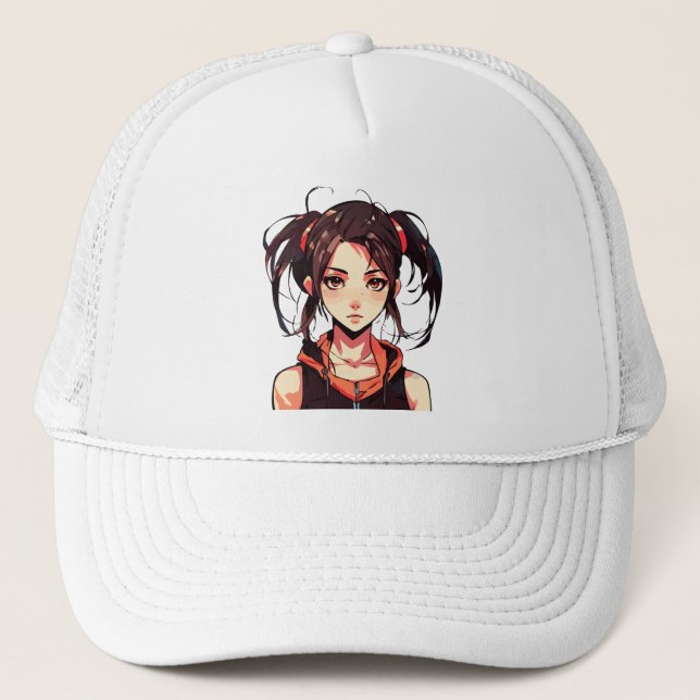 Charming Manga Girl: Anime Vector Illustration Trucker Hat (Front)
