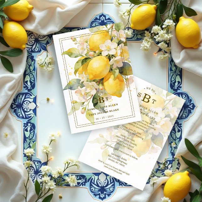 Charming Mediterranean Botanical Floral Lemons Invitation (Charming Romantic Mediterranean Botanical Floral Lemons Branch Composition Wedding Invitation Cards )