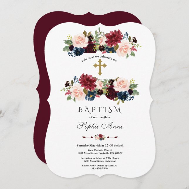 Charming Merlot Navy Blue Floral Baptism Invitation (Front/Back)