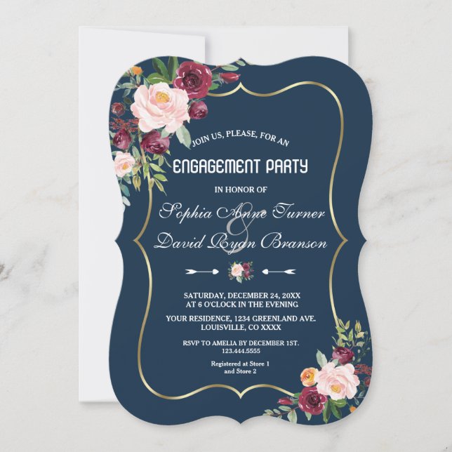 Charming Merlot Navy Blue Floral Engagement Party Invitation (Front)