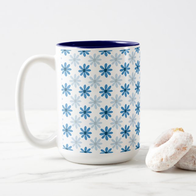 Charming Modern Blue Blossom Two-Tone Coffee Mug (With Donut)