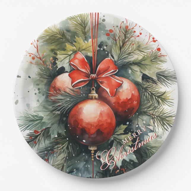Charming Modern Watercolor Christmas Mistletoe Paper Plate (Front)
