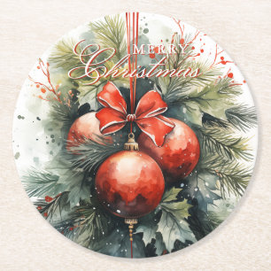 Charming Modern Watercolor Christmas Mistletoe Round Paper Coaster