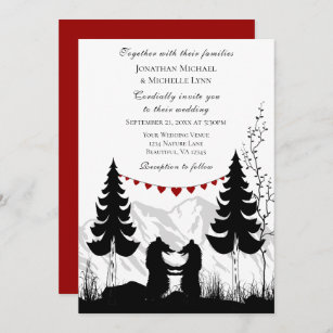 Charming Mountain Bear Couple w/ Red Back Wedding Invitation