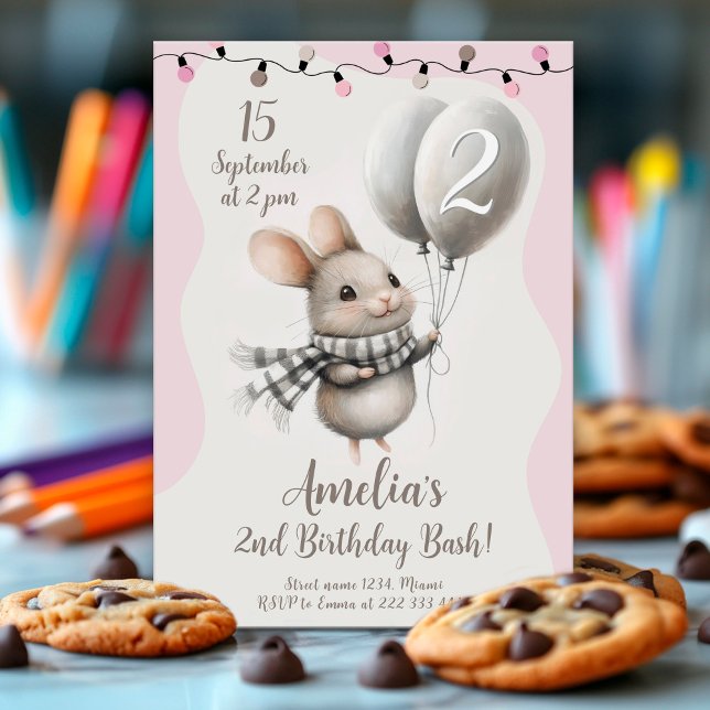 Charming Mouse Balloons 2nd Birthday Party Invitation (Creator Uploaded)