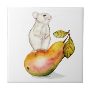 Charming Mouse on a Pear Ceramic Tile