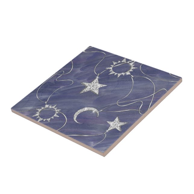 Charming Mystique | Silver Moon Stars Sun Amulet Ceramic Tile (Side)