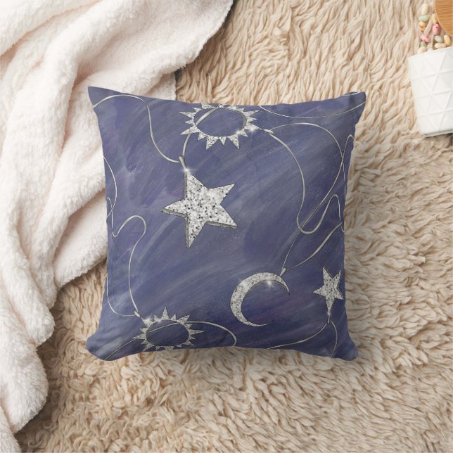 Charming Mystique | Silver Moon Stars Sun Amulet Cushion (Blanket)