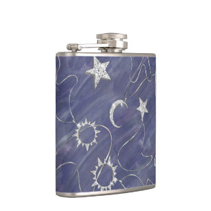 Charming Mystique Silver Moon Stars Sun Amulet Hip Flask