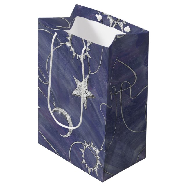 Charming Mystique | Silver Moon Stars Sun Amulet Medium Gift Bag (Front Angled)