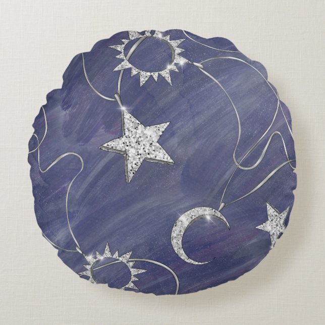 Charming Mystique | Silver Moon Stars Sun Amulet Round Cushion (Front)