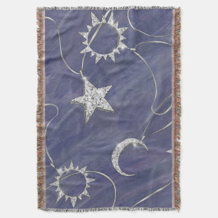 Charming Mystique Silver Moon Stars Sun Amulet Throw Blanket