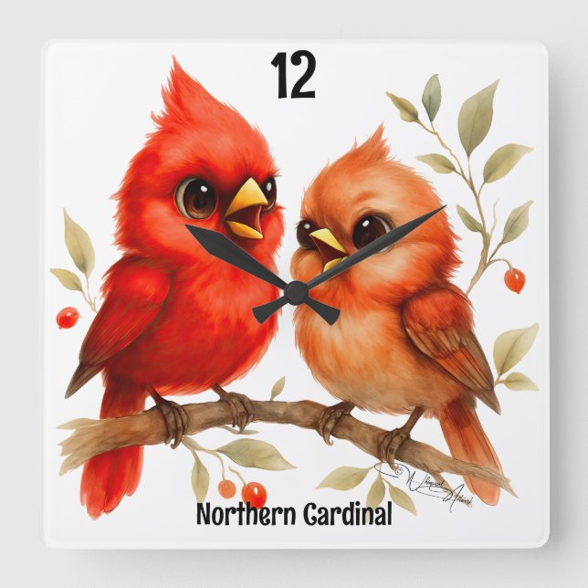 Charming Northern Cardinal  Square Wall Clock (Front)