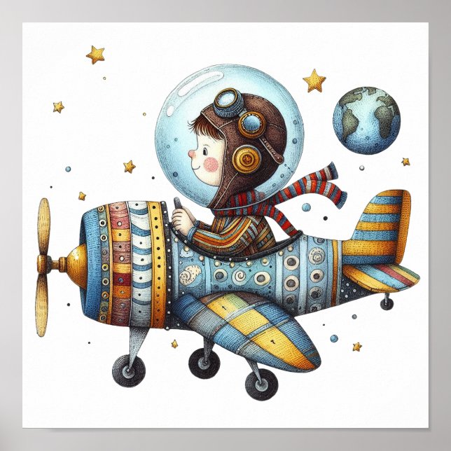 Charming Nursery Art Child Flying Old Aeroplane Poster (Front)