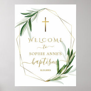 Charming Olive Leaves Gold Baptism Welcome Sign