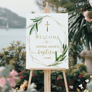 Charming Olive Leaves Gold Baptism Welcome Sign
