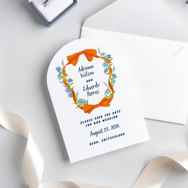 Charming Orange Bow Blue Wildflowers Crest Save The Date (non-photo save the date cottage core charm with orange bows and blue flower crest)