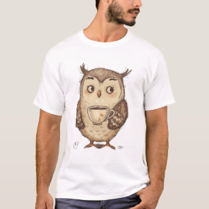 Charming Owl with Coffee Cup Illustration T-Shirt