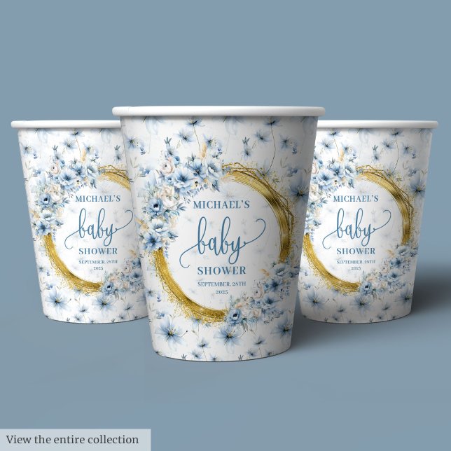 Charming pastel blue flowers gold boy baby shower  paper cups (Charming pastel blue flowers gold boy baby shower Paper Cups)