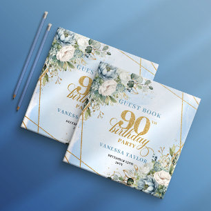 Charming Pastel Blue Gold 90th Birthday Sign In Guest Book