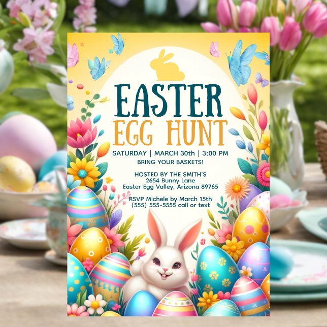 Charming Pastel Easter Egg Hunt Invitation (Easter Egg Hunt invitation on table.)