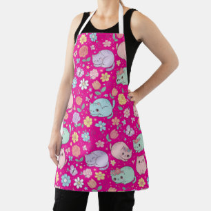 Charming Pastel Kawaii Cat and Floral Apron