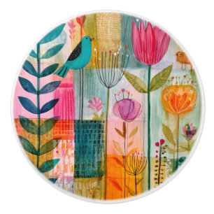 Charming Patchwork Bluebird Meadow Ceramic Knob