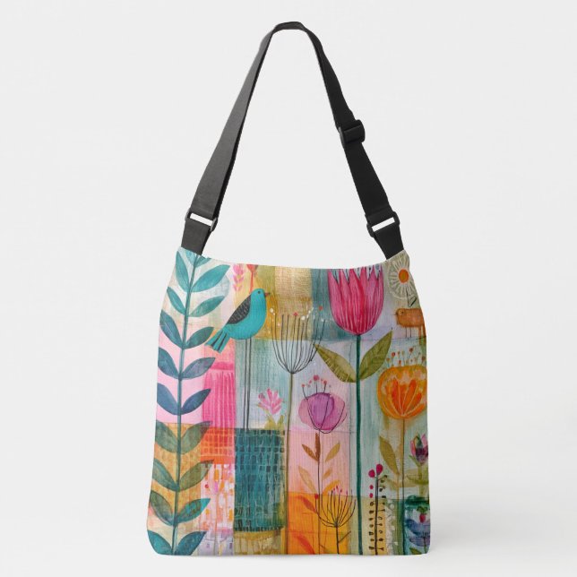 Charming Patchwork Bluebird Meadow Crossbody Bag (Front)