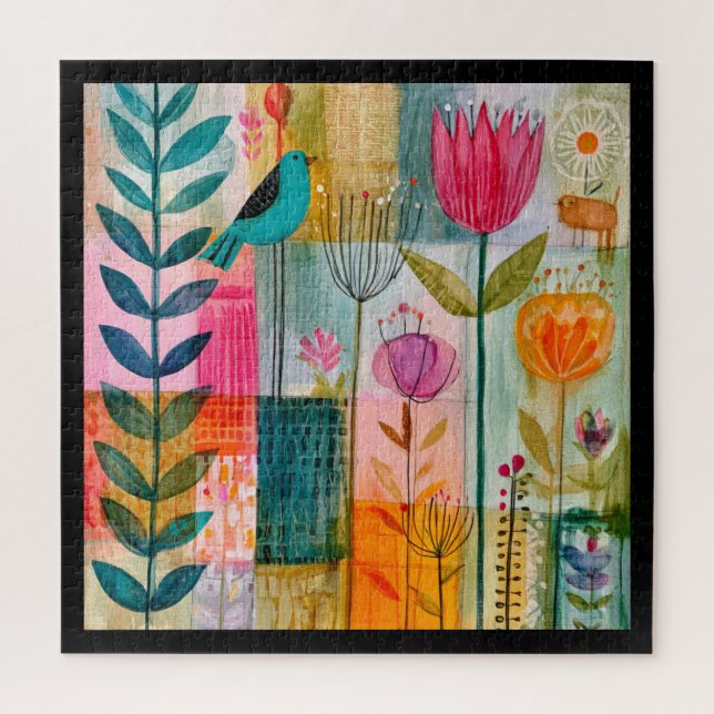 Charming Patchwork Bluebird Meadow Jigsaw Puzzle (Vertical)
