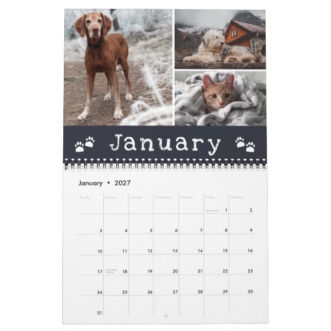 Charming Paw Prints Navy Months Pet Photo Collage Calendar (Jan 2027)