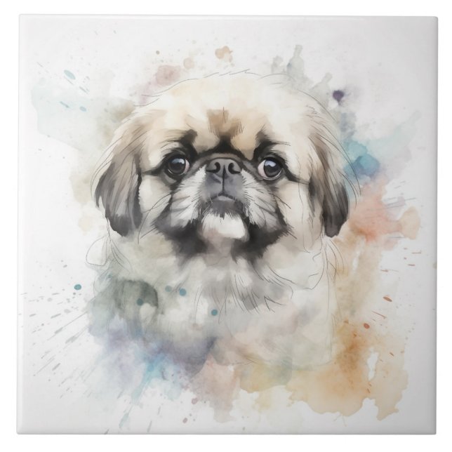 Charming Pekingese Watercolor Dog Portrait Ceramic Tile (Front)