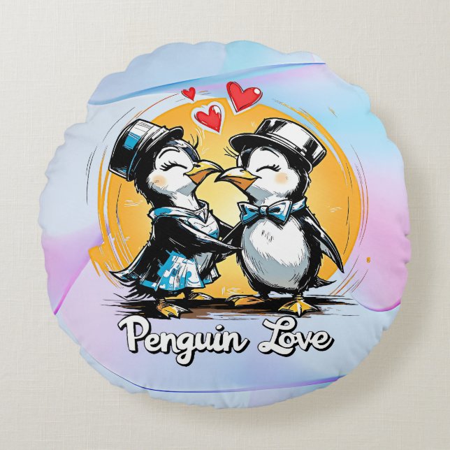 Charming Penguin Couple Round Cushion (Front)