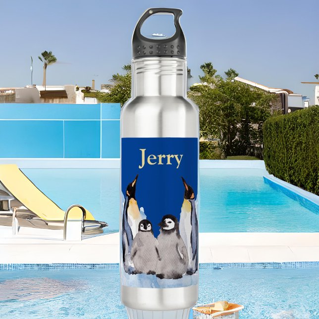 Charming Penguin Family with Name on Blue Stainles 710 Ml Water Bottle (Creator Uploaded)