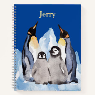 Charming Penguin Family with Name on Deep Blue Not Notebook
