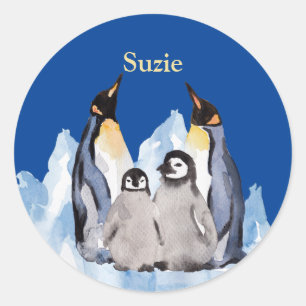 Charming Penguin Family with Name on Rich Blue Cl Classic Round Sticker