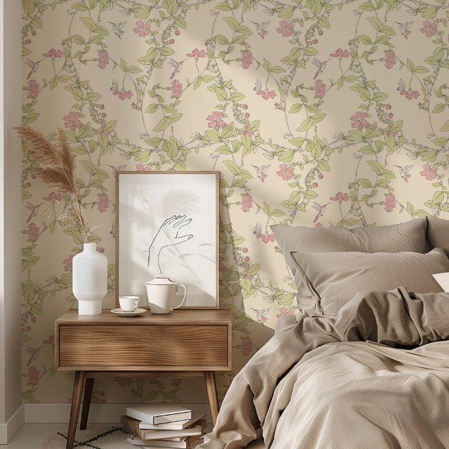 Charming Periwinkle & Hummingbirds Pink & Green Wallpaper (Creator Uploaded)