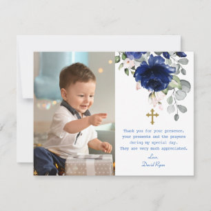 Charming Photo Boy Gold Cross Baptism Thank You Card