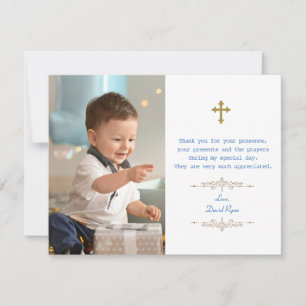 Charming Photo Boy Gold Cross Baptism Thank You Card