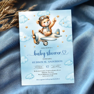 Charming pilot teddy bear blue boy shower invites