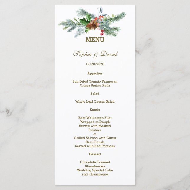 Charming Pine Cone Berry Christmas Wedding  Menu (Front)